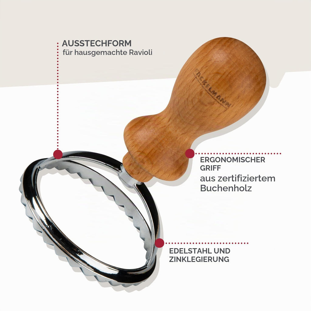 Fackelmann Ravioli Ausstecher 6,5 cm Rund Geriffelt Holzgriff Pizza & Pasta