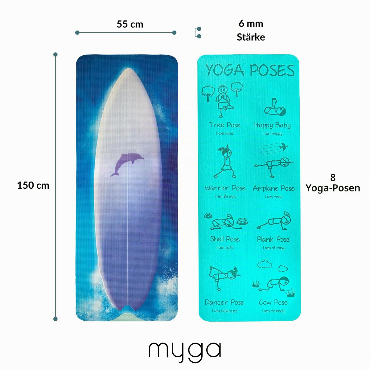 Myga Kinder Yogamatte | Rutschfest & Leichtes Gewicht | 6 mm Dicke | Ideal für Yoga, Bewegung, Spaß & Spiele | 150 cm x 55 cm | Inkl. Yoga-Posen auf Rückseite