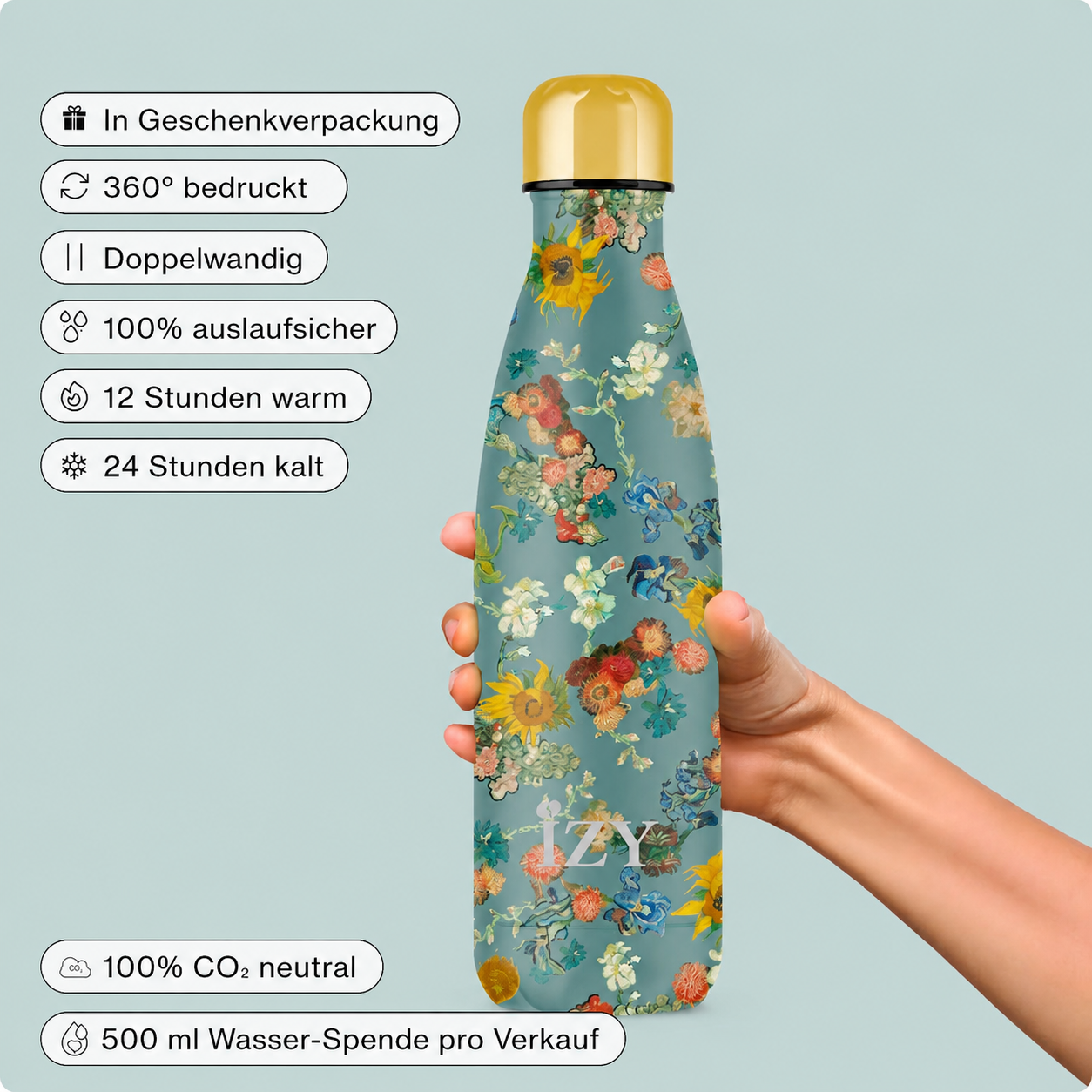 IZY Thermosflasche 500 ml Vincent’s Flowers – isolierte Edelstahl-Trinkflasche, doppelwandige Wasserflasche to go, Van Gogh Design.