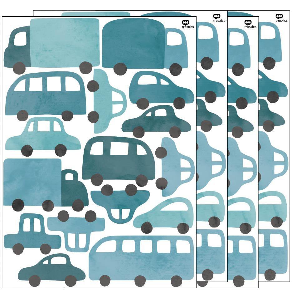 Wandaufkleber Autos & Lastwagen Blau – 16 Fahrzeug-Sticker aus mattem Vinyl, Kinderzimmer Deko, ablösbar, Aquarell-Design.
