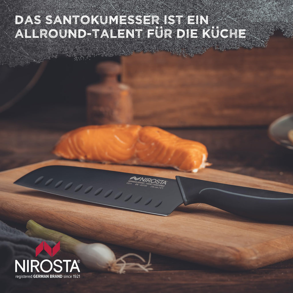 Nirosta Santokumesser Black Edition 16 cm Edelstahl Hohlschliff Küchenmesser