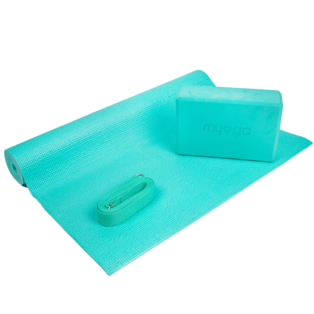 Myga Yoga-Starter-Set – Yogamatte, Yoga-Blöck Ziegel & Metall D-Ring Yoga-Gurt – Starter Kit für Anfänger ideal für Pilates, Yoga, Dehnung, Gesundheit & Fitness
