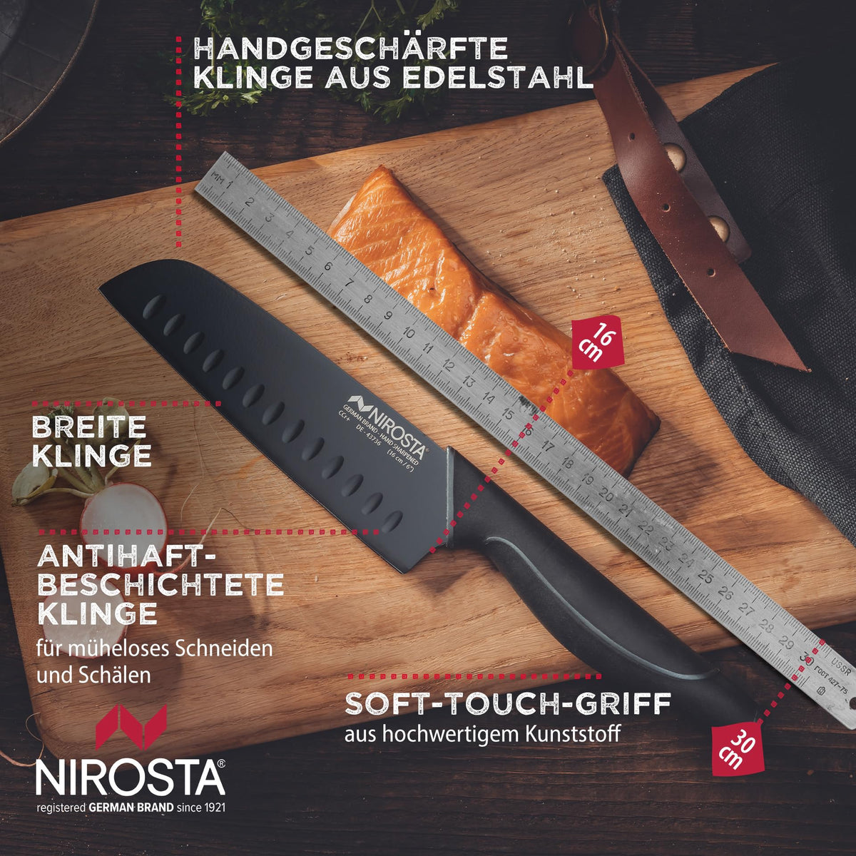 Nirosta Santokumesser Black Edition 16 cm Edelstahl Hohlschliff Küchenmesser