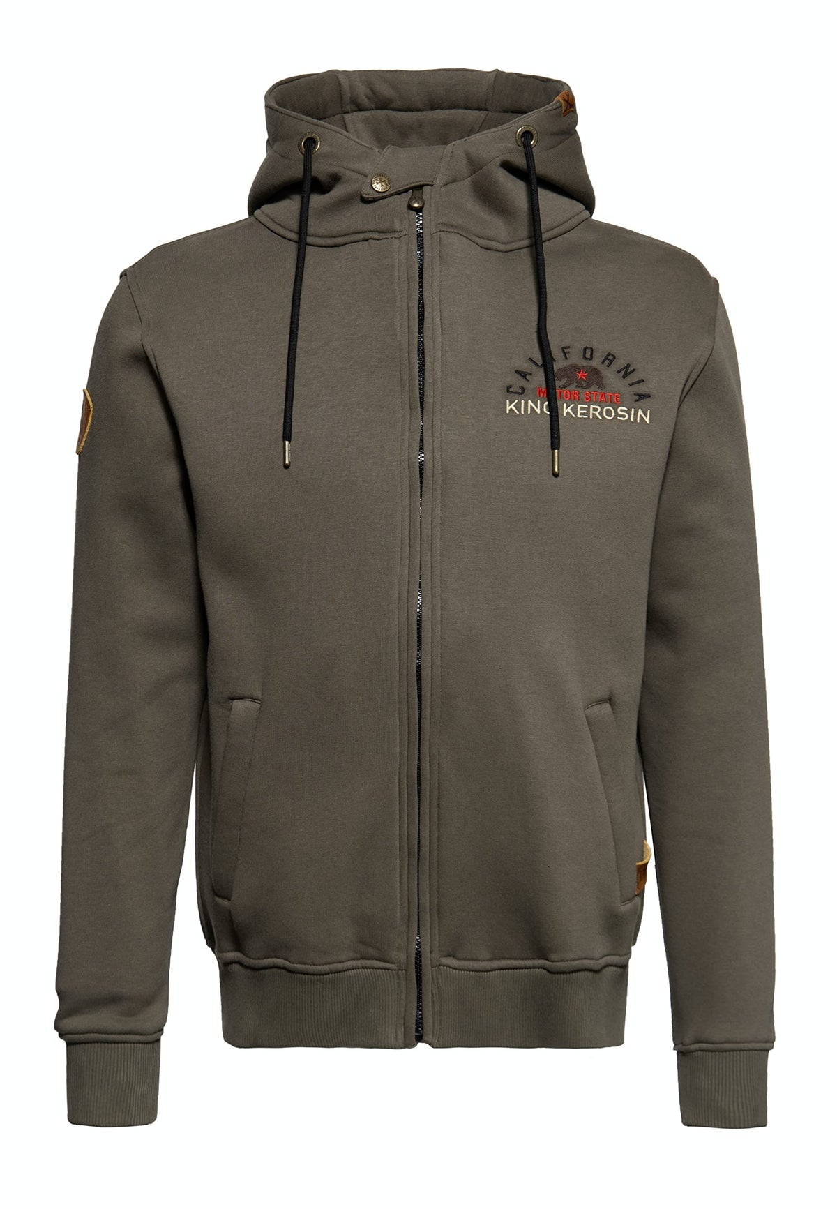 King Kerosin Herren Kapuzensweatjacke · Collegejacke · Hooded · Varsity Jacket · Sweatjacke · Retro · Vintage · Print · Statement · Chenille-Patch · Kordelzug · Natural Born Badass