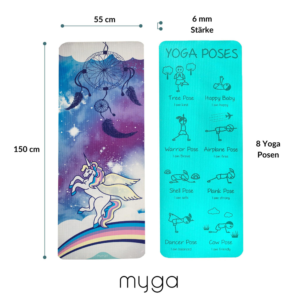 Myga Kinder Yogamatte | Rutschfest & Leichtes Gewicht | 6 mm Dicke | Ideal für Yoga, Bewegung, Spaß & Spiele | 150 cm x 55 cm | Inkl. Yoga-Posen auf Rückseite