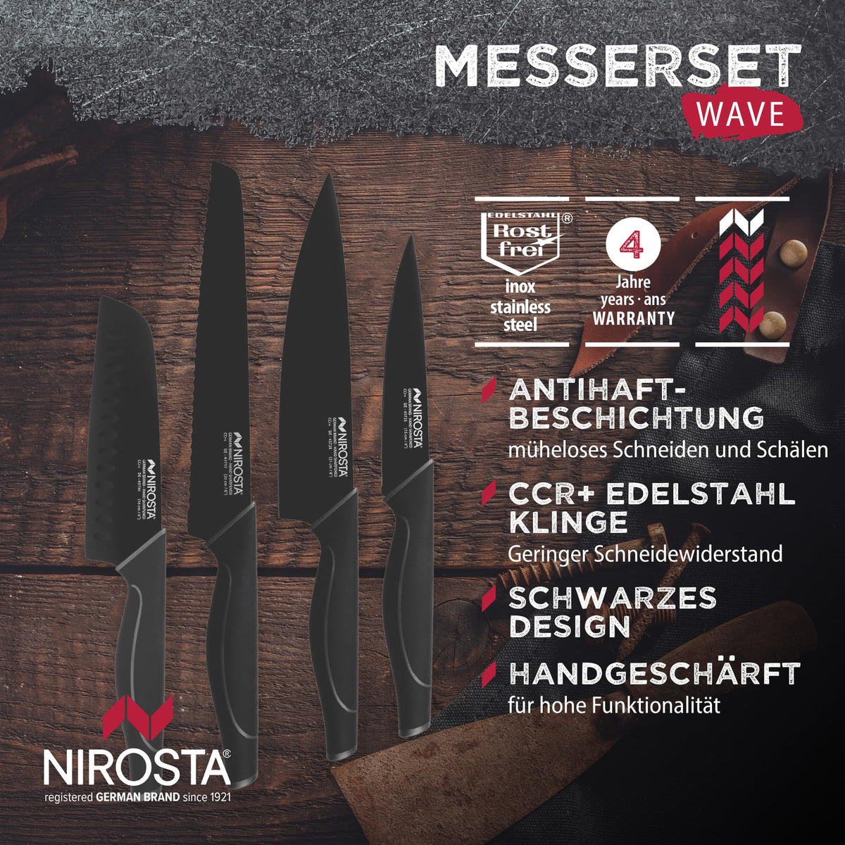 Nirosta Santokumesser Black Edition 16 cm Edelstahl Hohlschliff Küchenmesser