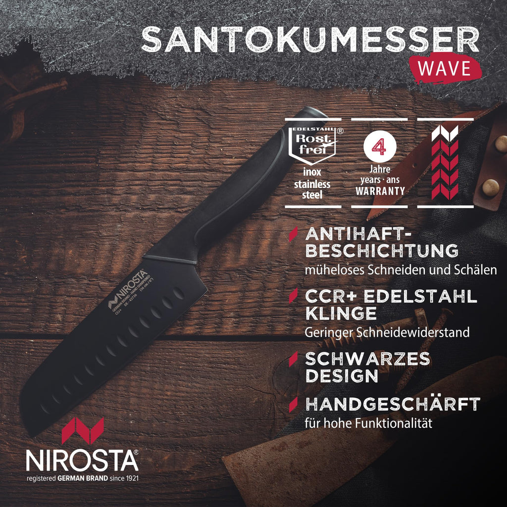 Nirosta Santokumesser Black Edition 16 cm Edelstahl Hohlschliff Küchenmesser