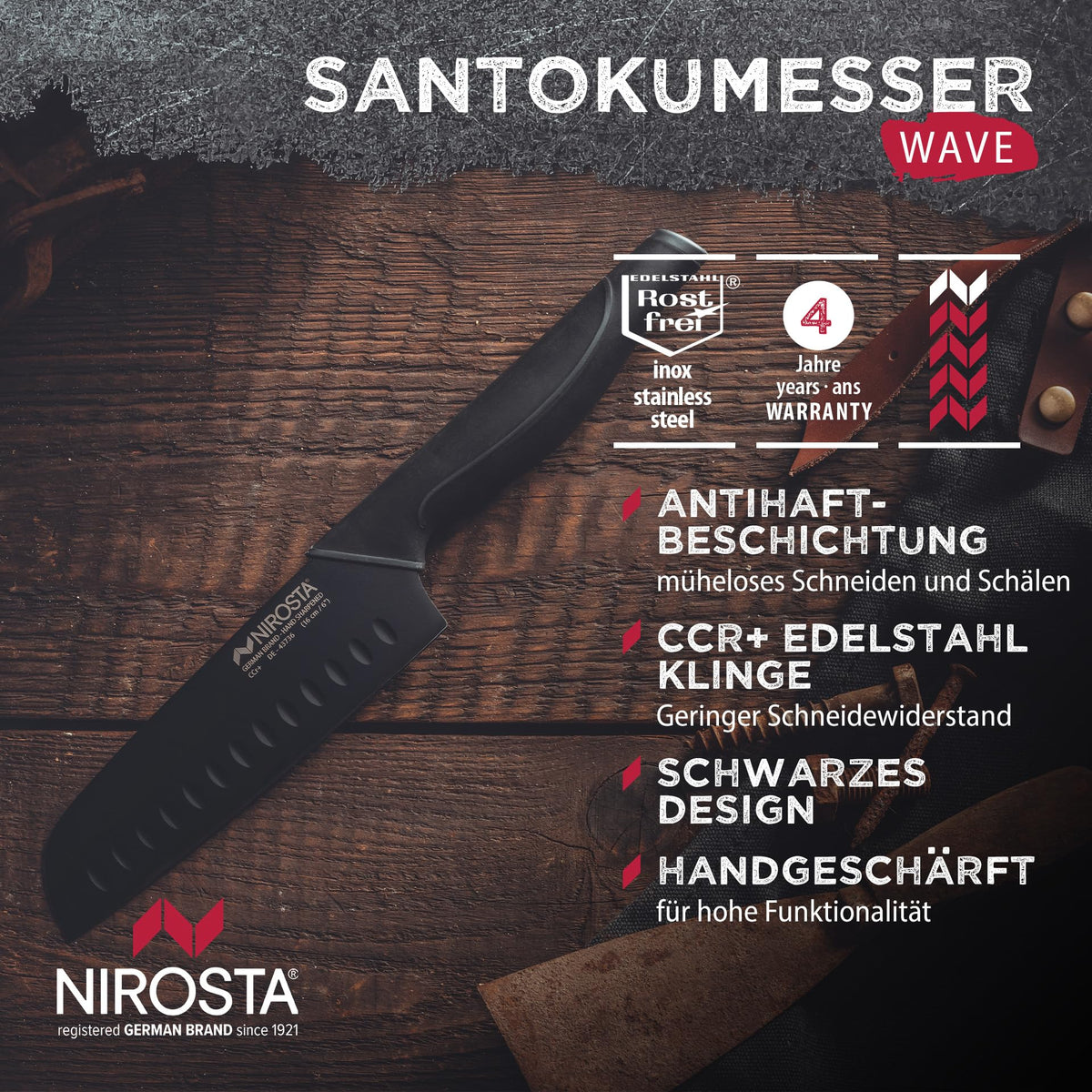 Nirosta Santokumesser Black Edition 16 cm Edelstahl Hohlschliff Küchenmesser