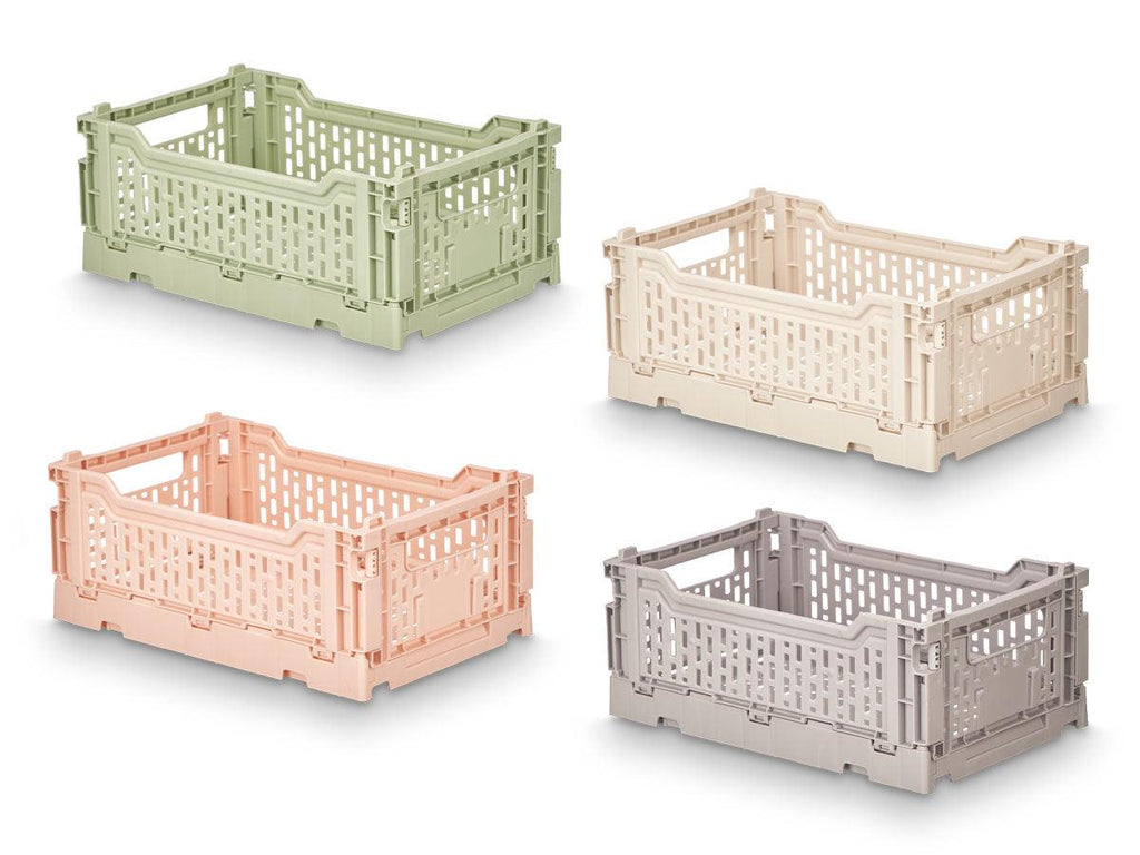Mehrzweck-Faltbox 4 L 6er-Set – 3x Beige & 3x Grau, stapelbare Aufbewahrungsbox aus Kunststoff, 17 x 26 x 10 cm.