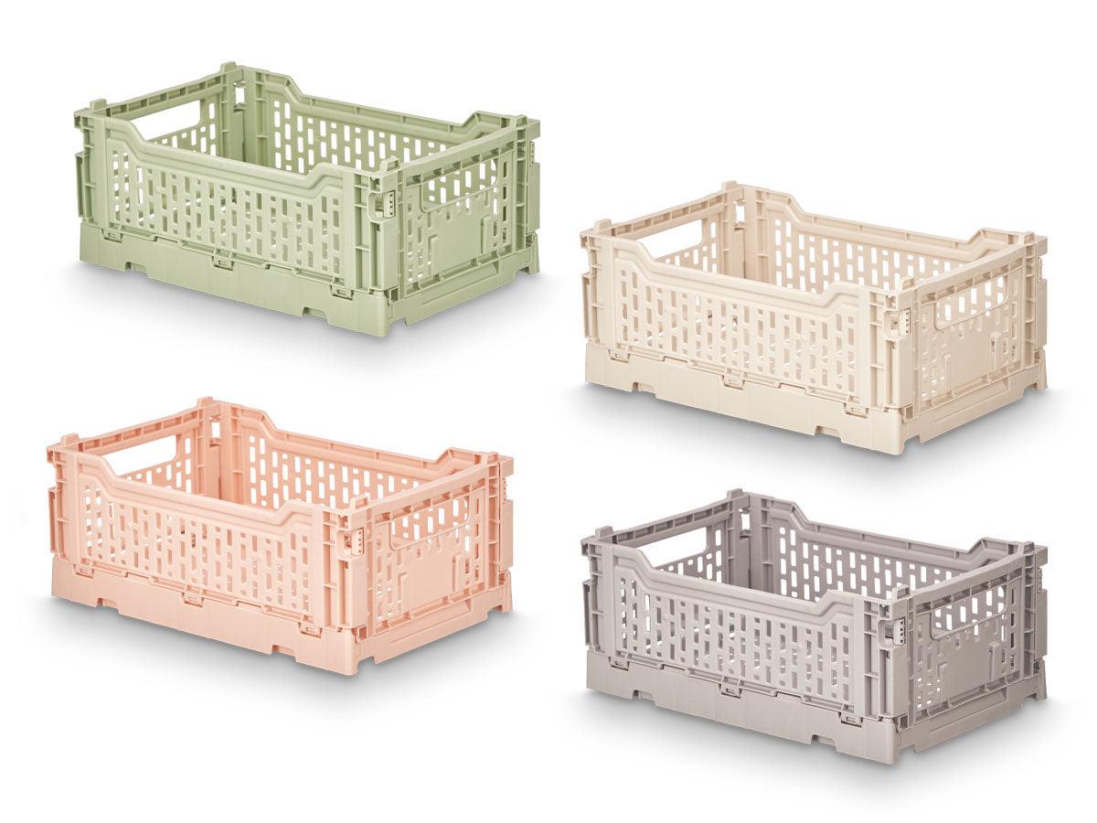Mehrzweck-Faltbox 4 L 6er-Set – 3x Beige & 3x Grau, stapelbare Aufbewahrungsbox aus Kunststoff, 17 x 26 x 10 cm.