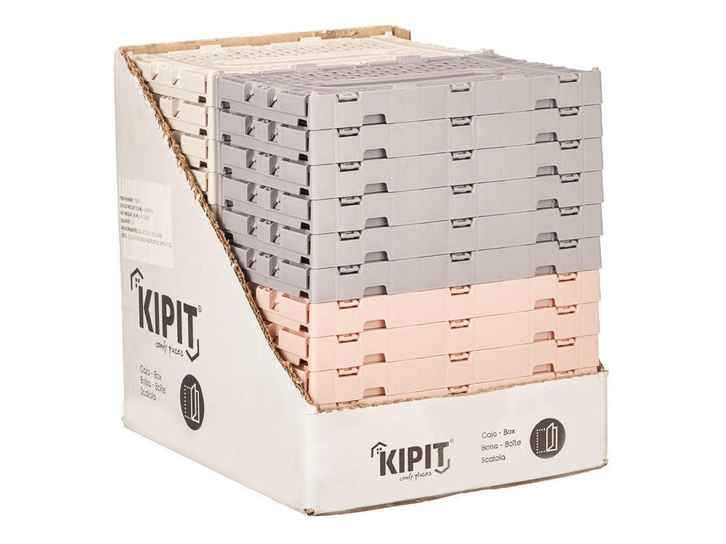 Mehrzweck-Faltbox 4 L 6er-Set – 3x Beige & 3x Grau, stapelbare Aufbewahrungsbox aus Kunststoff, 17 x 26 x 10 cm.