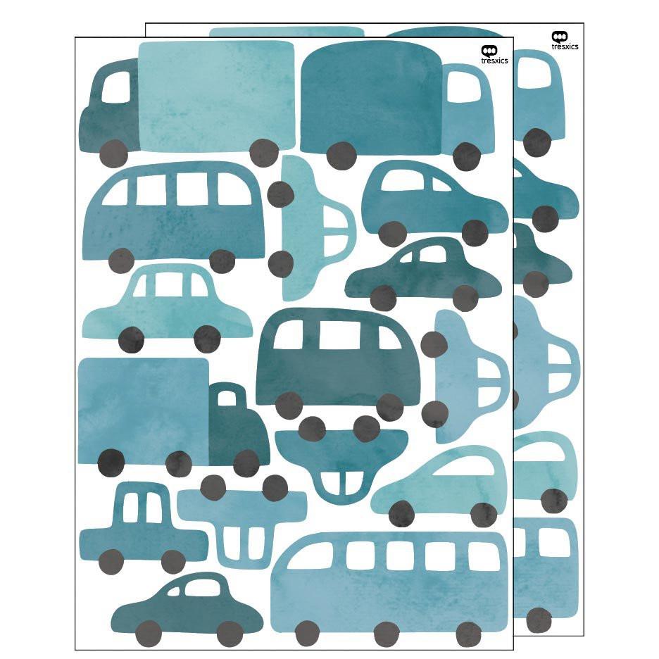 Wandaufkleber Autos & Lastwagen Blau – 16 Fahrzeug-Sticker aus mattem Vinyl, Kinderzimmer Deko, ablösbar, Aquarell-Design.