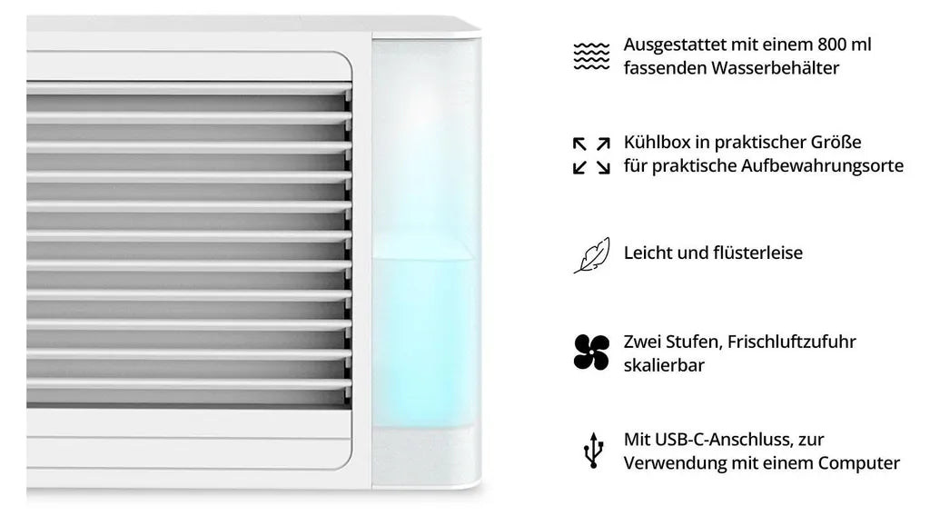 FlinQ Aircooler – Luftkühler – Tischventilator – Klimaanlage – 800 ml Wassertank – LED-Beleuchtung