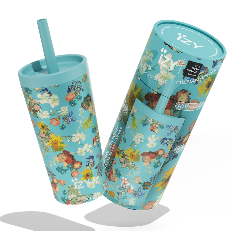 IZY Tumbler 500 ml Vincent’s Flowers – Thermobecher mit Strohhalm, doppelwandiger Edelstahl, hält bis zu 12 h kalt, Van Gogh Design.