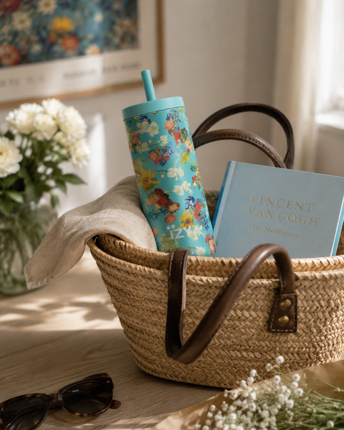 IZY Tumbler 500 ml Vincent’s Flowers – Thermobecher mit Strohhalm, doppelwandiger Edelstahl, hält bis zu 12 h kalt, Van Gogh Design.