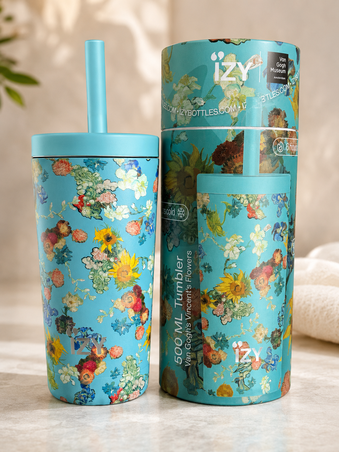IZY Tumbler 500 ml Vincent’s Flowers – Thermobecher mit Strohhalm, doppelwandiger Edelstahl, hält bis zu 12 h kalt, Van Gogh Design.