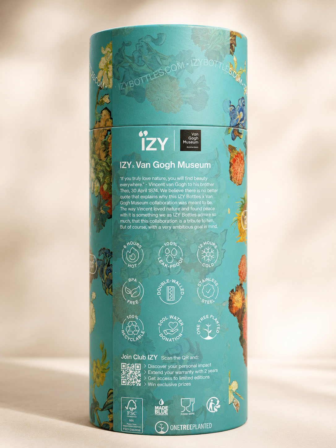 IZY Tumbler 500 ml Vincent’s Flowers – Thermobecher mit Strohhalm, doppelwandiger Edelstahl, hält bis zu 12 h kalt, Van Gogh Design.