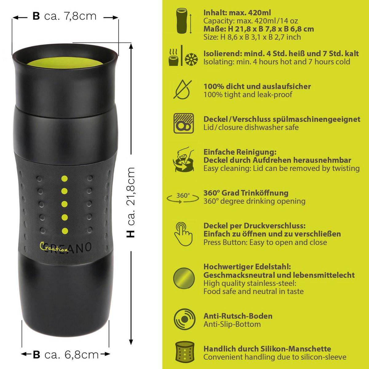 Creano Design Travel Mug 420 ml – auslaufsicherer Thermobecher aus Edelstahl.