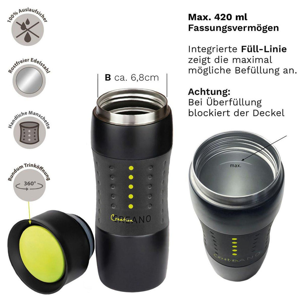 Creano Design Travel Mug 420 ml – auslaufsicherer Thermobecher aus Edelstahl.