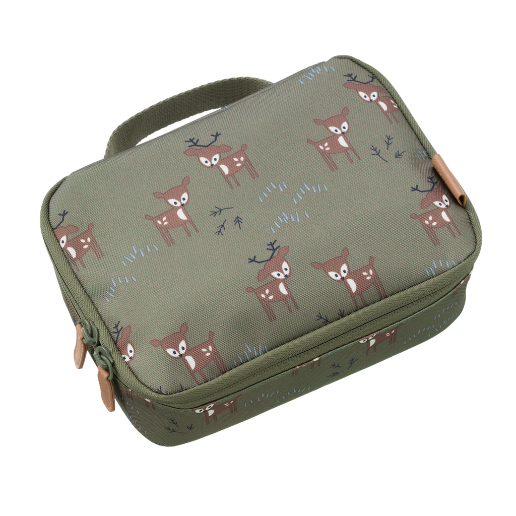 Fresk Kühltasche Hirsch Olive – Kinder Lunchbag aus recyceltem PET, thermische Lunchtasche mit Griff, 24 x 15 x 7 cm.