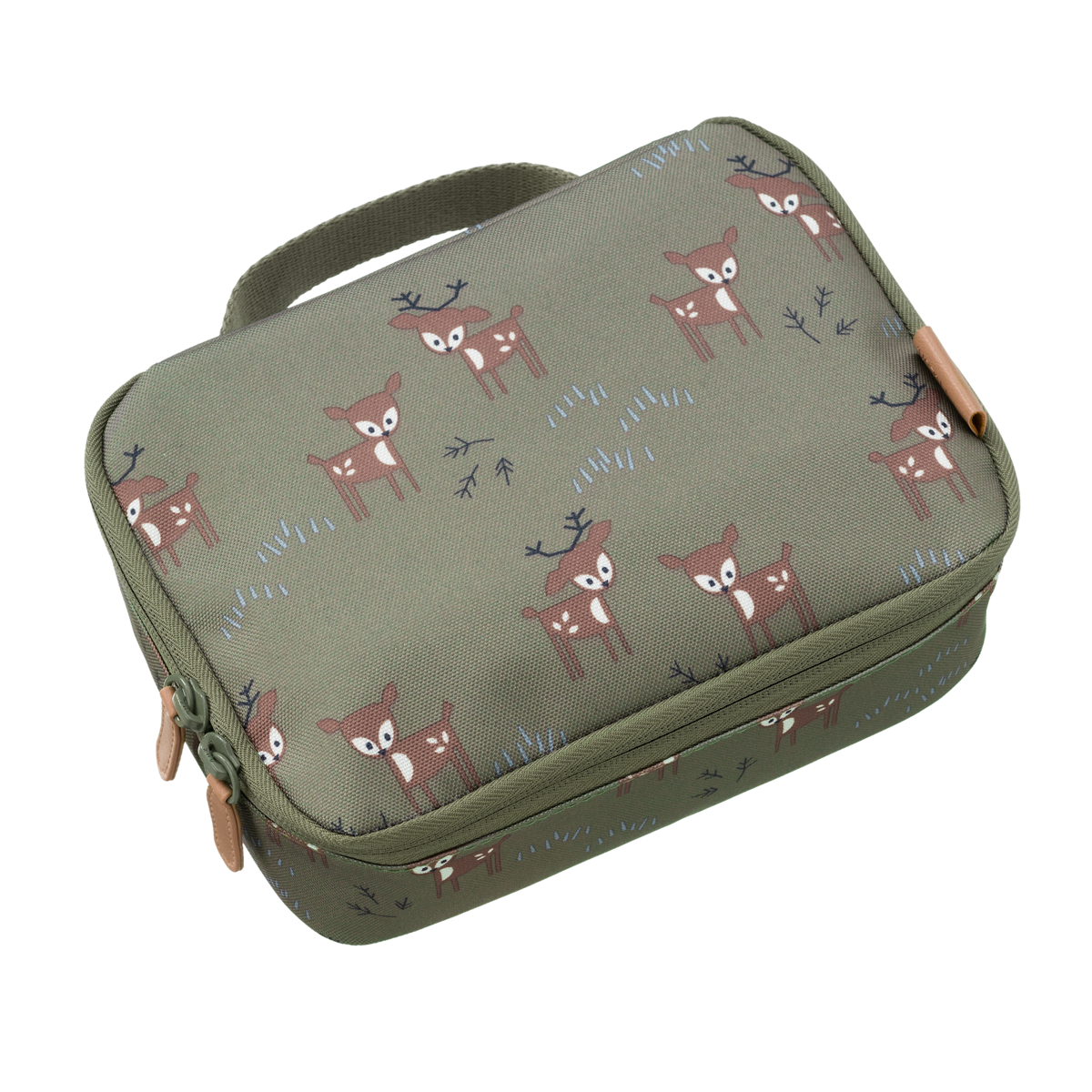 Fresk Kühltasche Hirsch Olive – Kinder Lunchbag aus recyceltem PET, thermische Lunchtasche mit Griff, 24 x 15 x 7 cm.