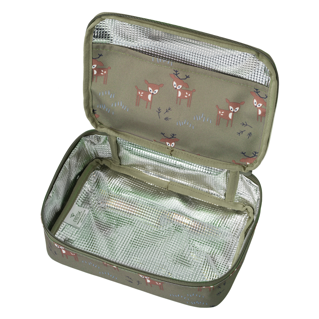 Fresk Kühltasche Hirsch Olive – Kinder Lunchbag aus recyceltem PET, thermische Lunchtasche mit Griff, 24 x 15 x 7 cm.