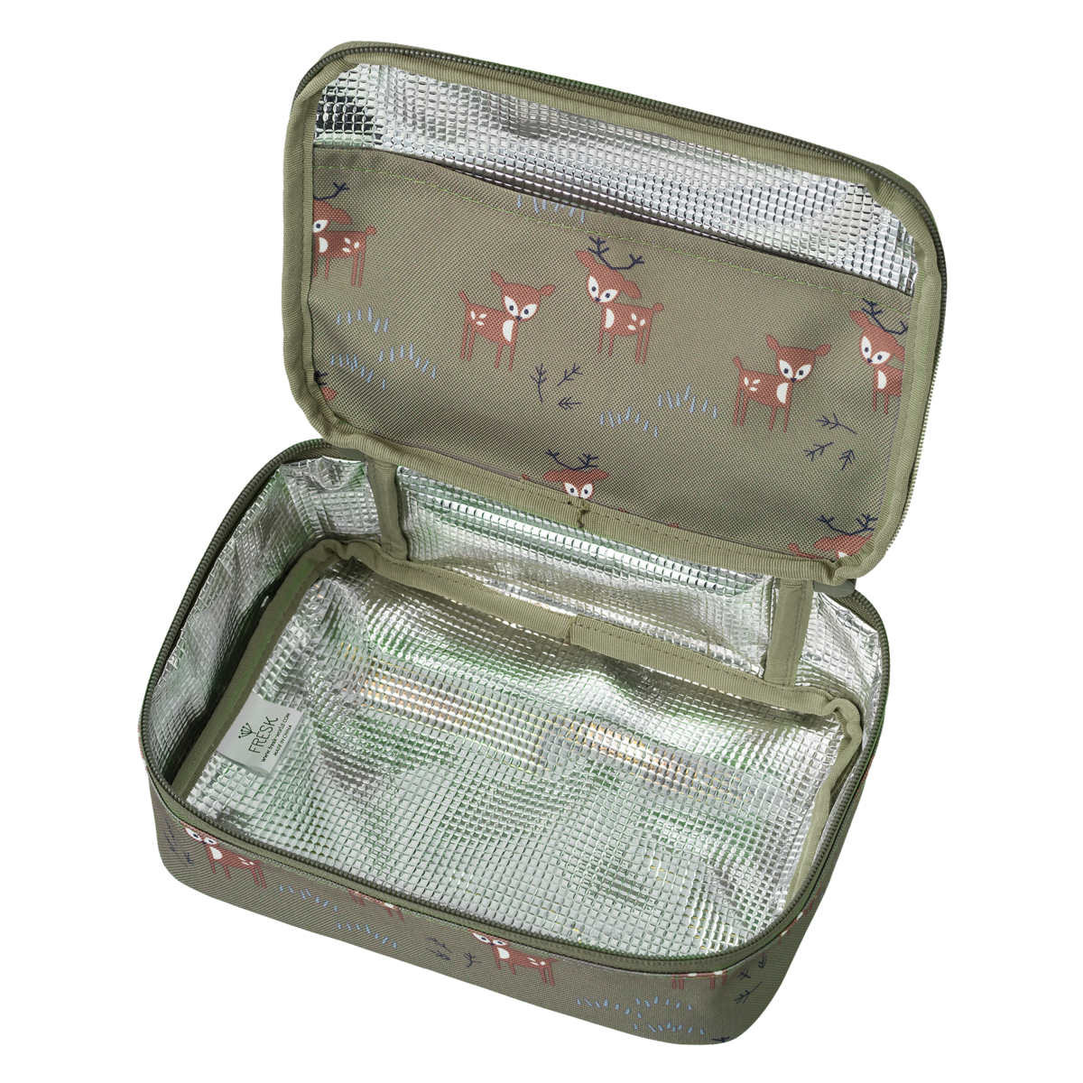 Fresk Kühltasche Hirsch Olive – Kinder Lunchbag aus recyceltem PET, thermische Lunchtasche mit Griff, 24 x 15 x 7 cm.
