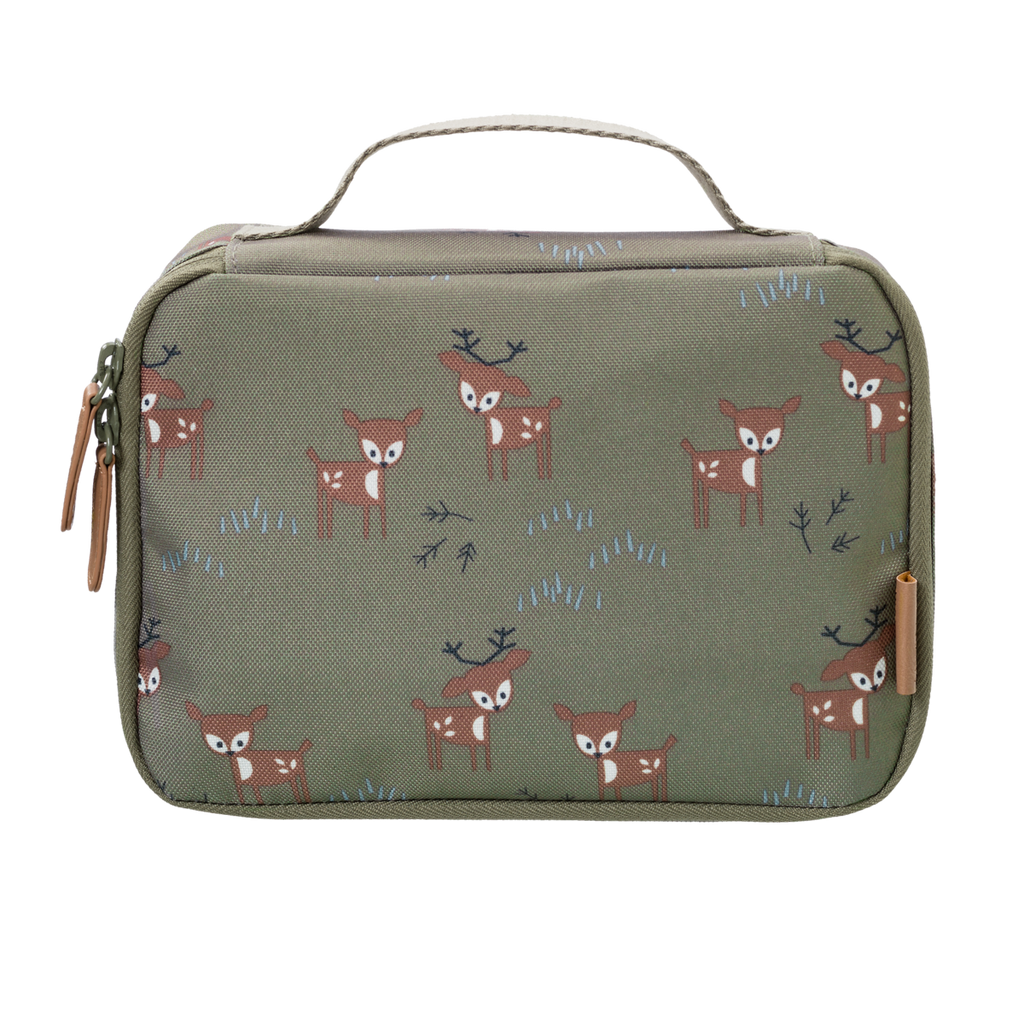 Fresk Kühltasche Hirsch Olive – Kinder Lunchbag aus recyceltem PET, thermische Lunchtasche mit Griff, 24 x 15 x 7 cm.
