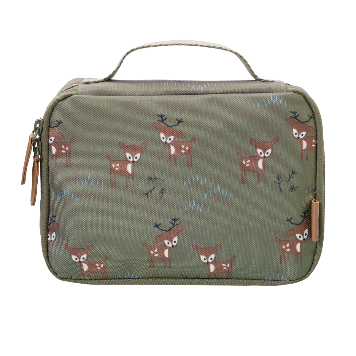 Fresk Kühltasche Hirsch Olive – Kinder Lunchbag aus recyceltem PET, thermische Lunchtasche mit Griff, 24 x 15 x 7 cm.