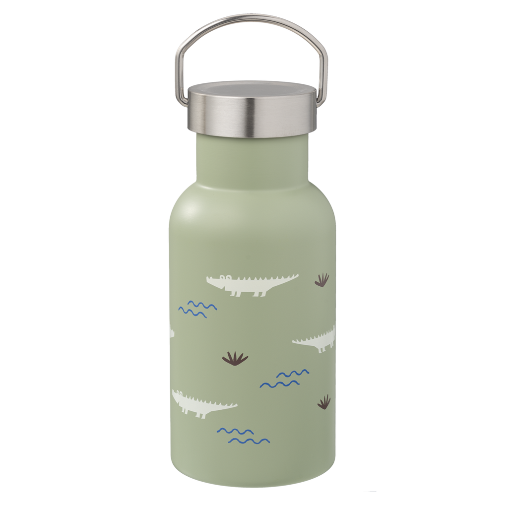 Fresk Thermosflasche Kinder 350 ml Krokodil – doppelwandige Edelstahl-Trinkflasche mit 2 Verschlüssen, Strohhalm & Reinigungsbürste, BPA-frei