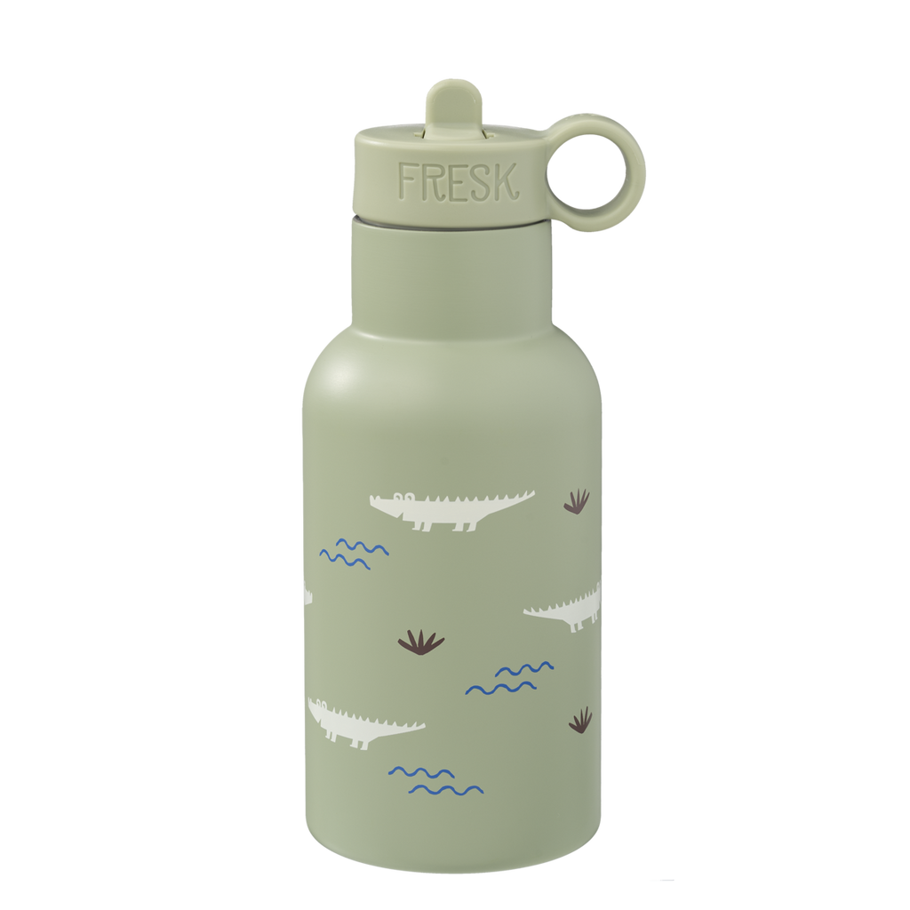 Fresk Thermosflasche Kinder 350 ml Krokodil – doppelwandige Edelstahl-Trinkflasche mit 2 Verschlüssen, Strohhalm & Reinigungsbürste, BPA-frei