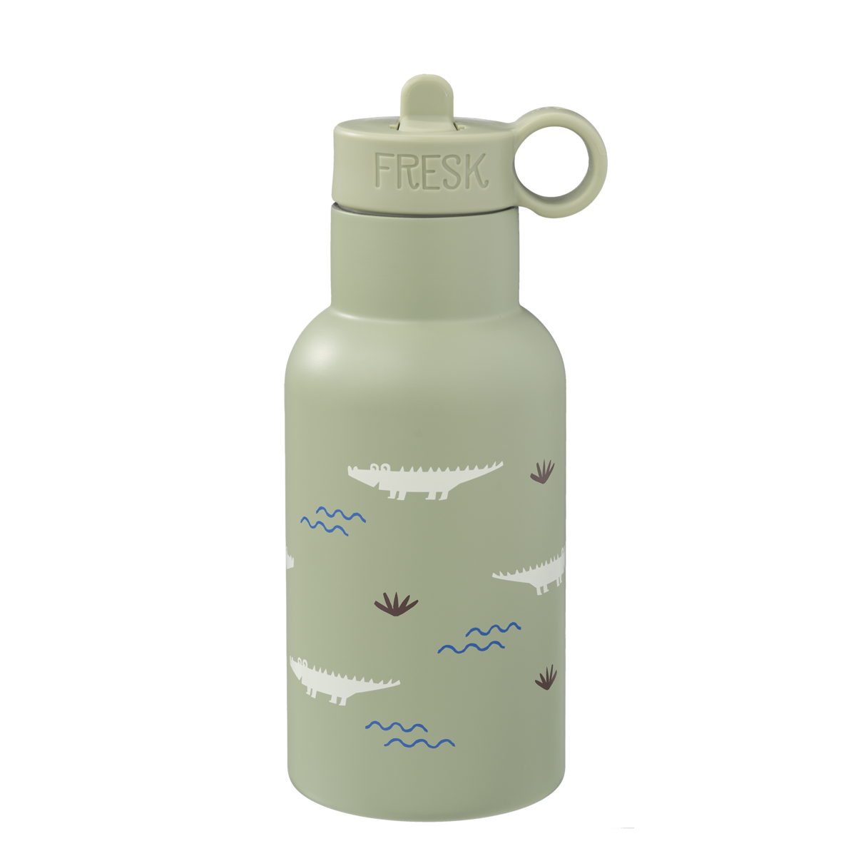 Fresk Thermosflasche Kinder 350 ml Krokodil – doppelwandige Edelstahl-Trinkflasche mit 2 Verschlüssen, Strohhalm & Reinigungsbürste, BPA-frei
