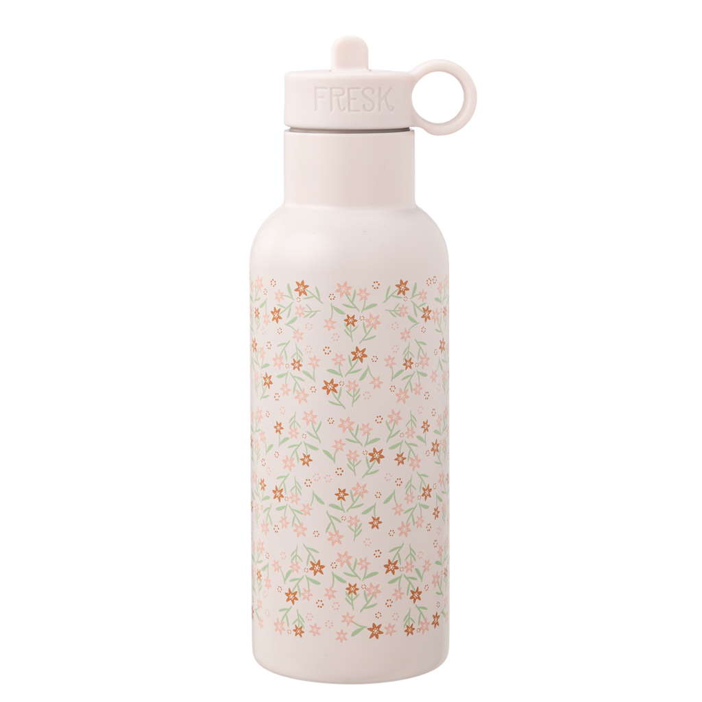 Fresk Thermosflasche Kinder 500 ml Gartenblumen – doppelwandige Edelstahl-Trinkflasche mit 2 Verschlüssen, Strohhalm & Reinigungsbürste, BPA-frei.