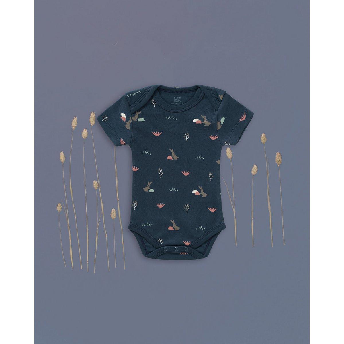 Fresk Kurzarm-Strampler Kaninchen Stimmung Indigo – Bio-Baumwolle GOTS.