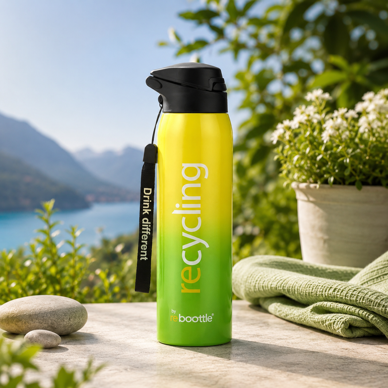Thermo Trinkflasche 500 ml Green Neon & Gelb – doppelwandige Edelstahlflasche mit Strohhalm, für Fahrrad, Sport & unterwegs.