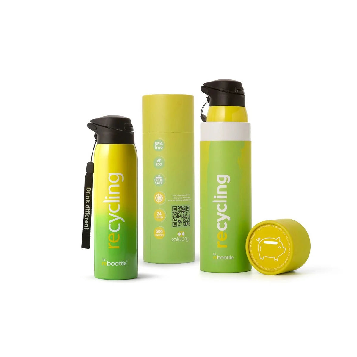 Thermo Trinkflasche 500 ml Green Neon & Gelb – doppelwandige Edelstahlflasche mit Strohhalm, für Fahrrad, Sport & unterwegs.