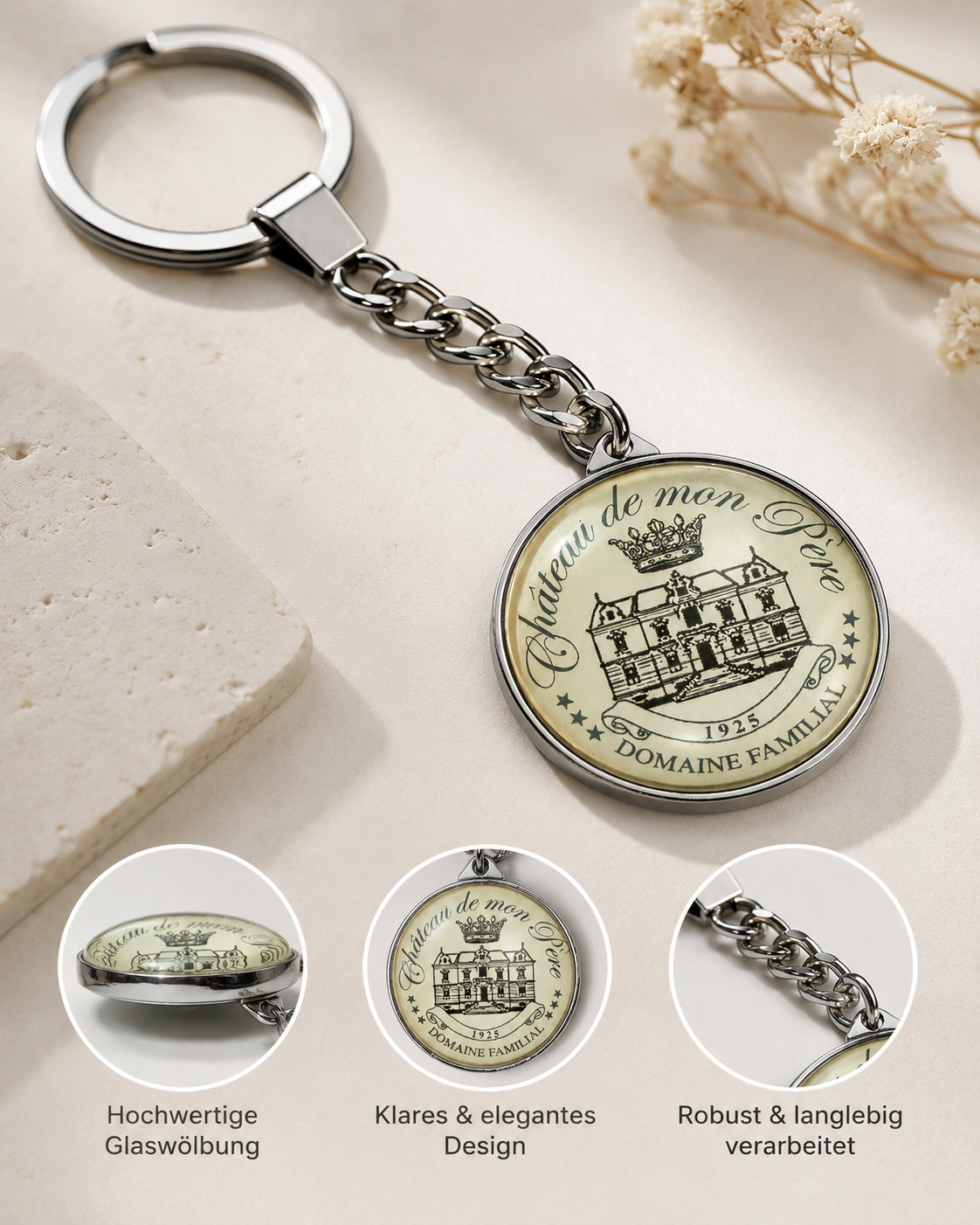 Vintage Schlüsselanhänger mit französischem Motiv – Château & Normandie Design