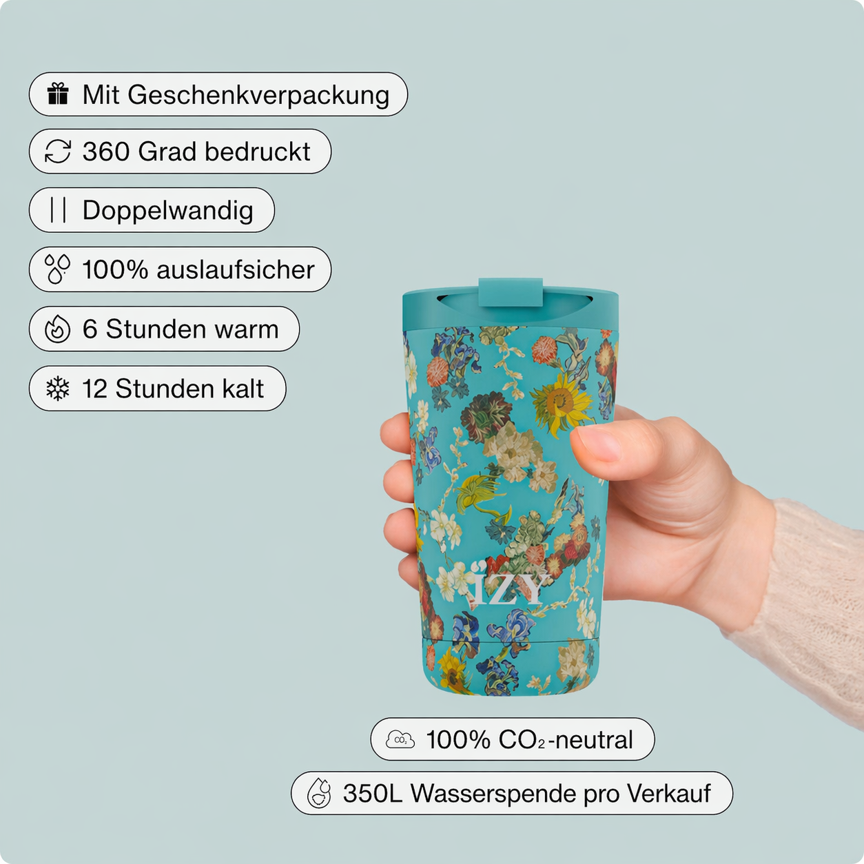 IZY Thermosbecher 350 ml Vincent’s Flowers – isolierter Kaffeebecher To Go aus Edelstahl, hält heiß & kalt, Reisebecher.