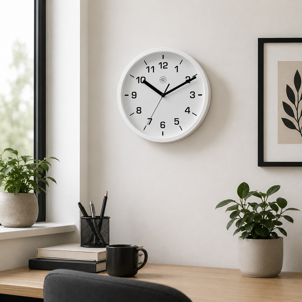 NXT Easy Small Wanduhr 20 cm Weiß – minimalistische Uhr mit schwarzen Zahlen.