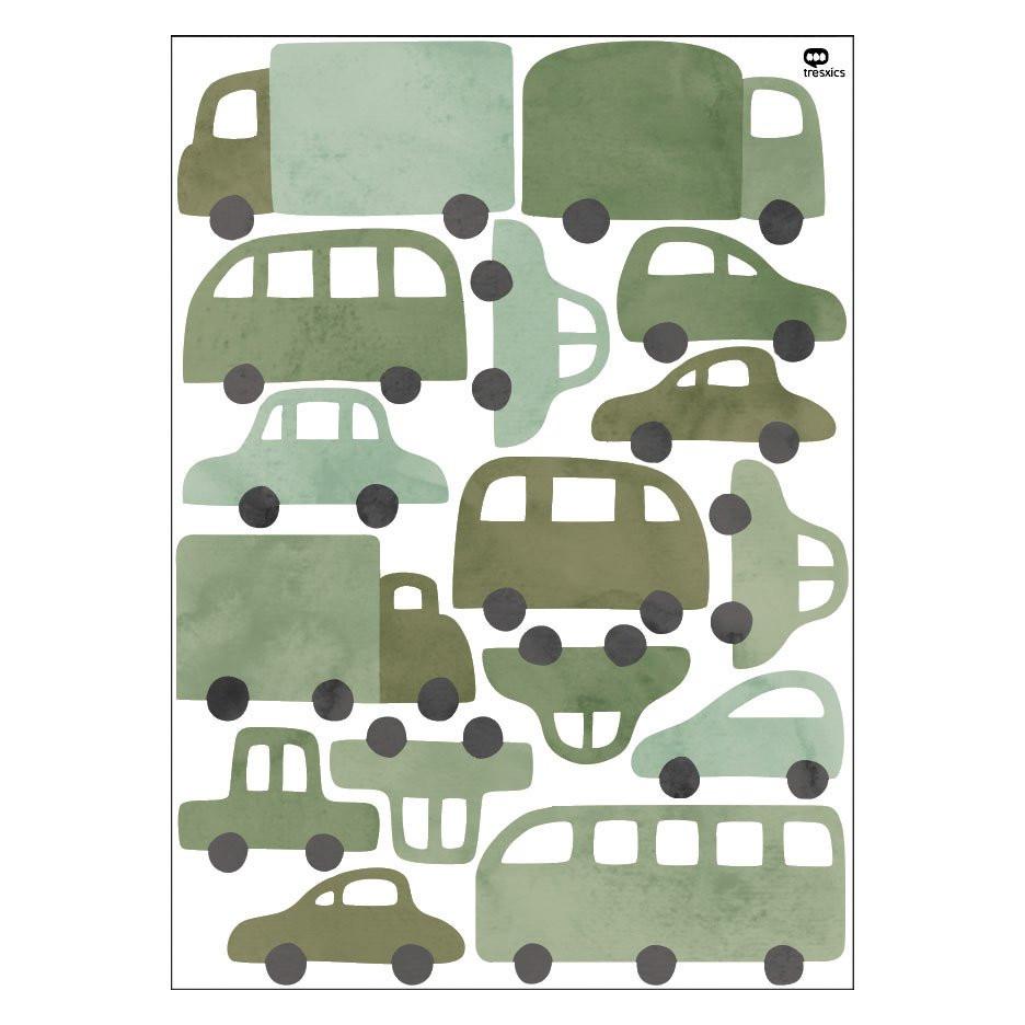 Wandaufkleber Autos & Lastwagen Blau – 16 Fahrzeug-Sticker aus mattem Vinyl, Kinderzimmer Deko, ablösbar, Aquarell-Design.