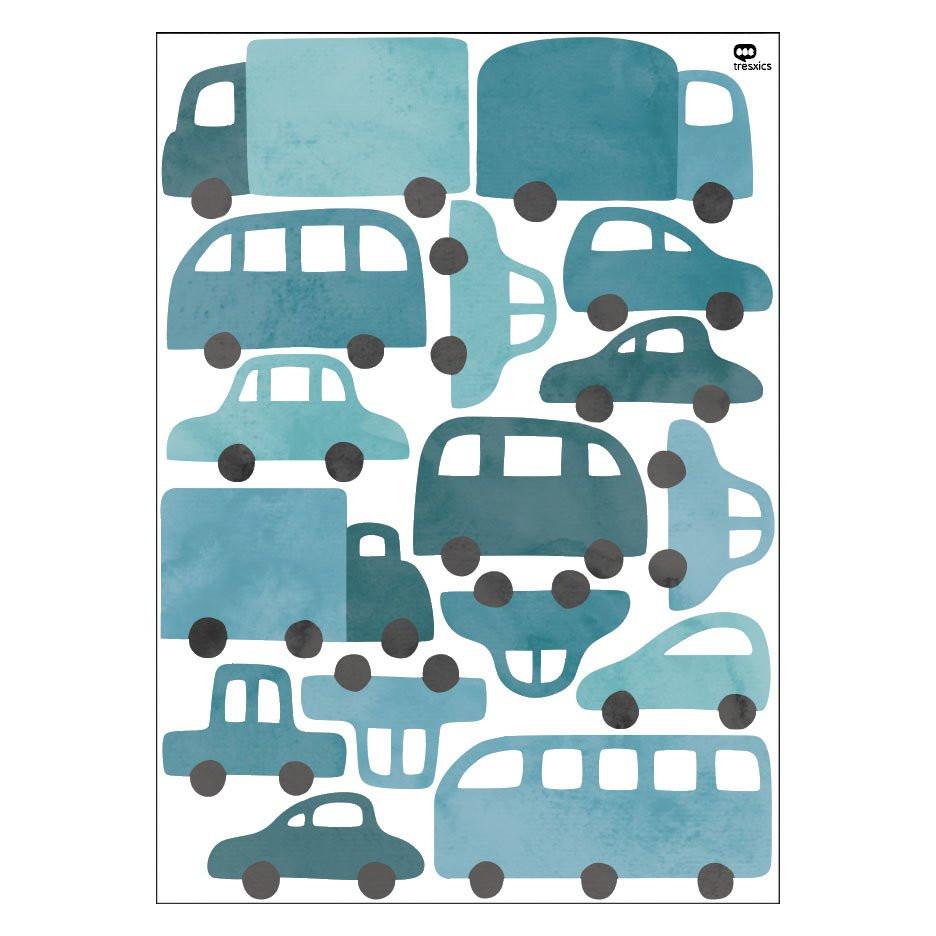 Wandaufkleber Autos & Lastwagen Blau – 16 Fahrzeug-Sticker aus mattem Vinyl, Kinderzimmer Deko, ablösbar, Aquarell-Design.