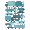 Wandaufkleber Autos & Lastwagen Blau – 16 Fahrzeug-Sticker aus mattem Vinyl, Kinderzimmer Deko, ablösbar, Aquarell-Design.