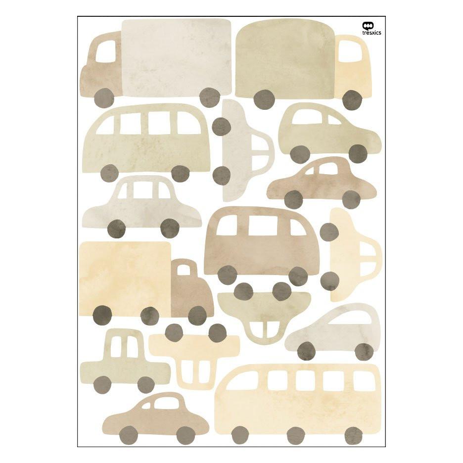 Wandaufkleber Autos & Lastwagen Blau – 16 Fahrzeug-Sticker aus mattem Vinyl, Kinderzimmer Deko, ablösbar, Aquarell-Design.