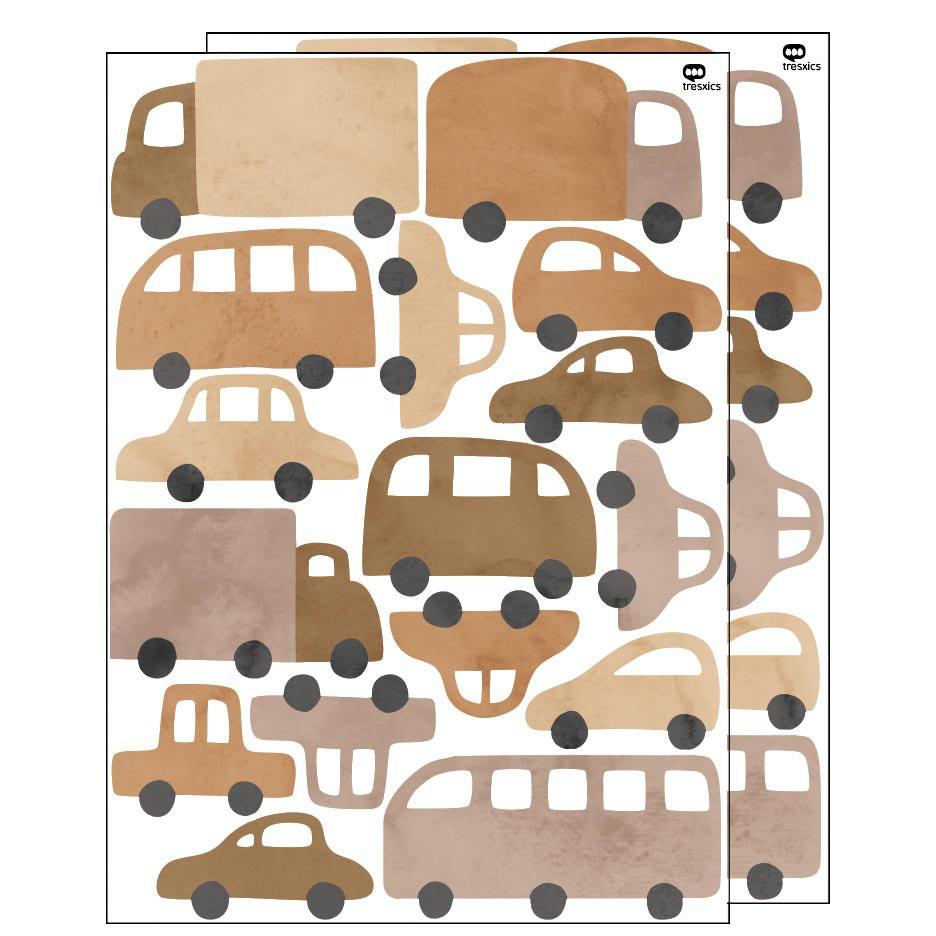 Wandaufkleber Autos & Lastwagen Blau – 16 Fahrzeug-Sticker aus mattem Vinyl, Kinderzimmer Deko, ablösbar, Aquarell-Design.