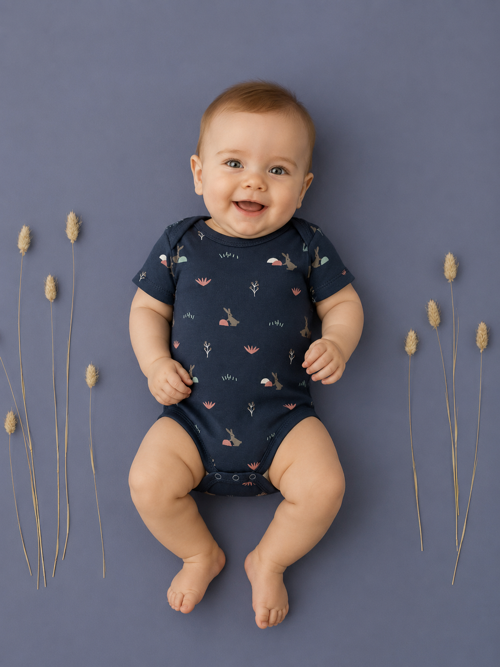 Fresk Kurzarm-Strampler Kaninchen Stimmung Indigo – Bio-Baumwolle GOTS.