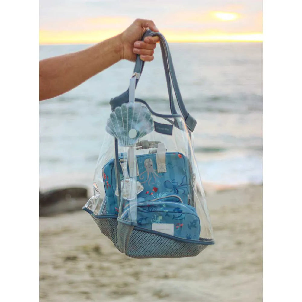 Play & Store Strandtasche – große transparente Badetasche mit Netzboden.